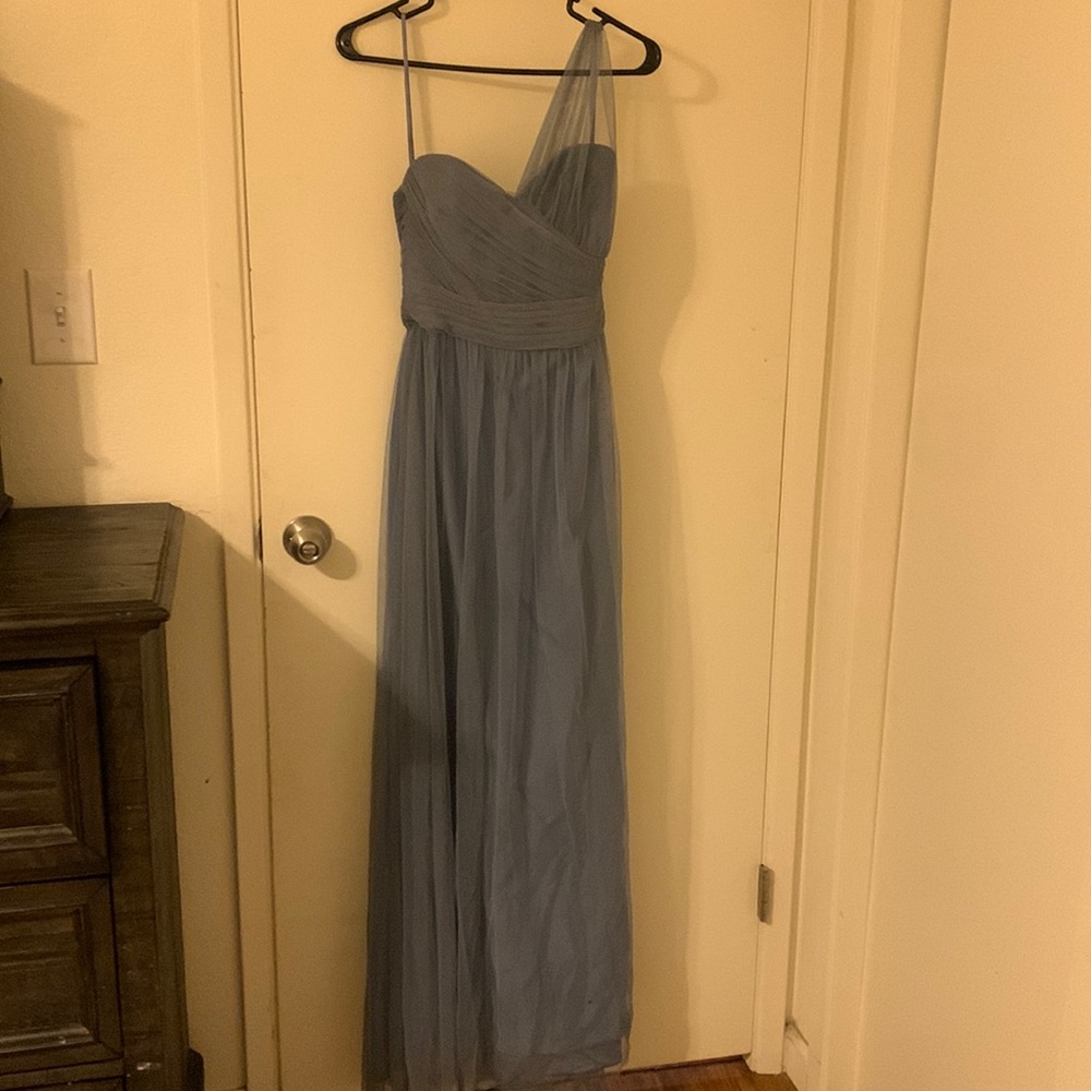 Amsale dusty blue shear side strapped bridesmaid dress size 10 altered to size 8